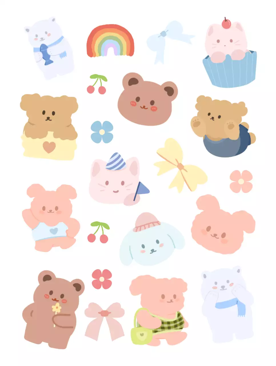 パステルカラーの様々なポーズをとっているかわいい動物キャラクター。