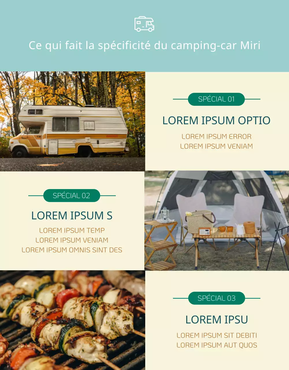 Guide d'un service simple de location de camping-cars en jaune et menthe