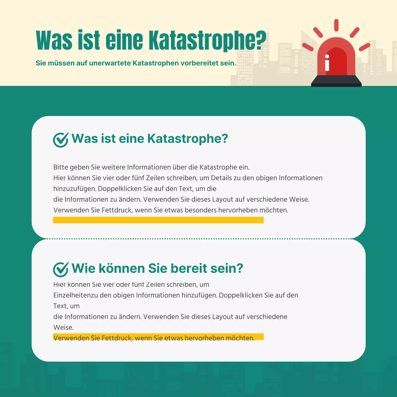 Türkisfarbener Leitfaden für die Katastrophenvorsorge cardnews design