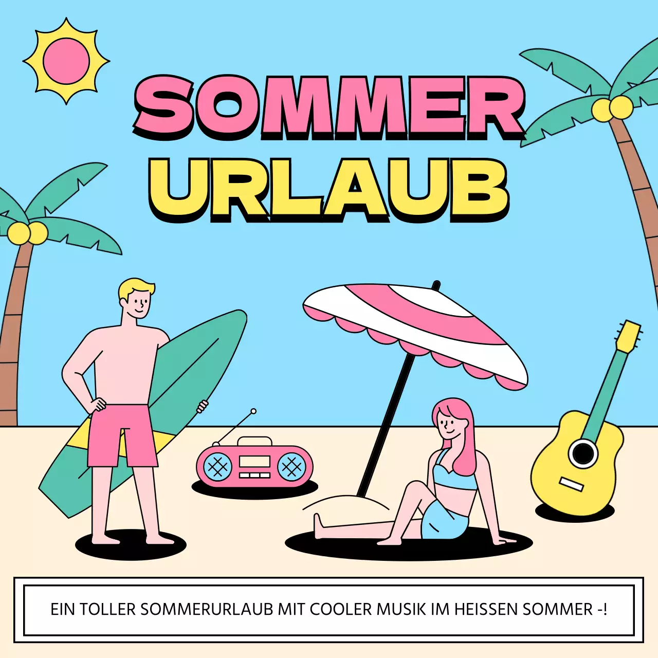 Kitschige Sommerurlaubsanzeige in Gelb und Hellblau
