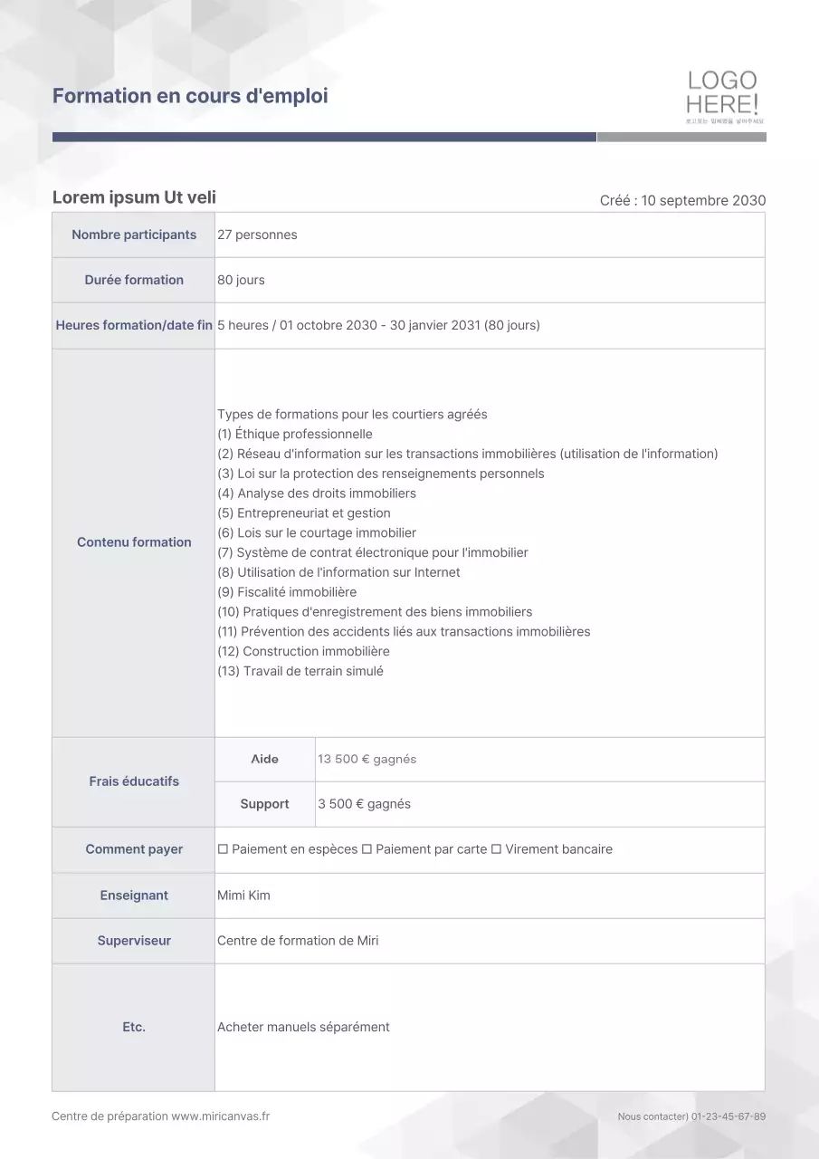 Proposition de cours grise, propre et pratique