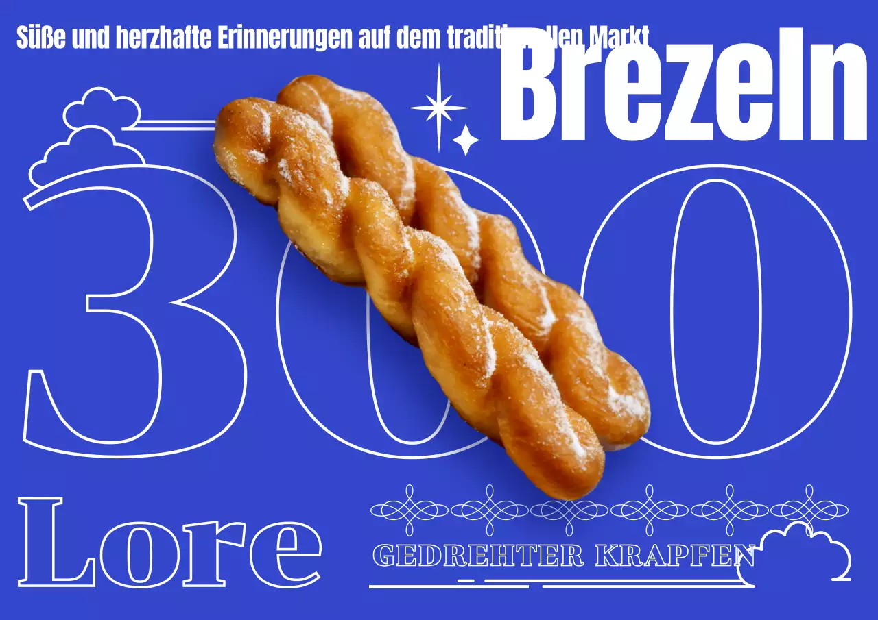 Ein Straßensnack-Plakat mit Typografie und einem Foto einer Brezel in Primärblau.