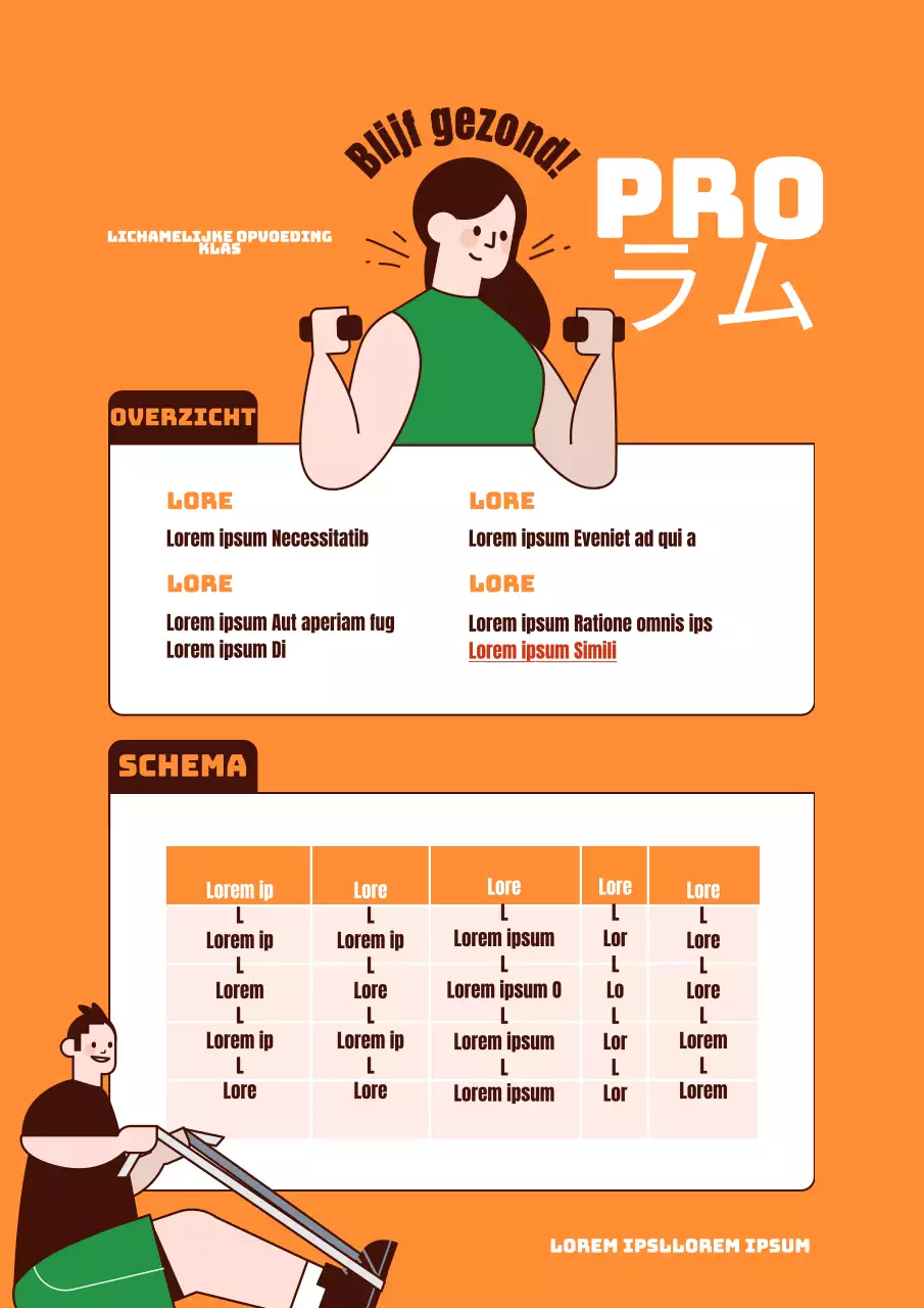 Oranje Groen Conceptueel Gymles Programma Thema met Eenvoudige Illustraties en Tabellen