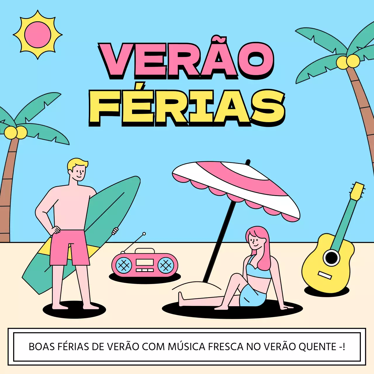 Anúncio kitsch das férias de verão em amarelo e azul claro