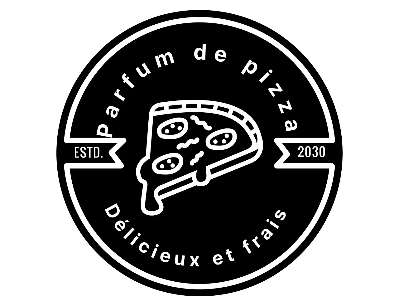 Logo symbolique pizza avec badge noir, propre et vintage