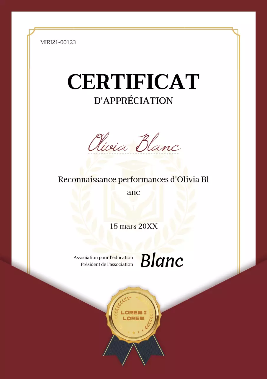 Un certificat qui ressemble à une enveloppe rouge et blanche de grande classe