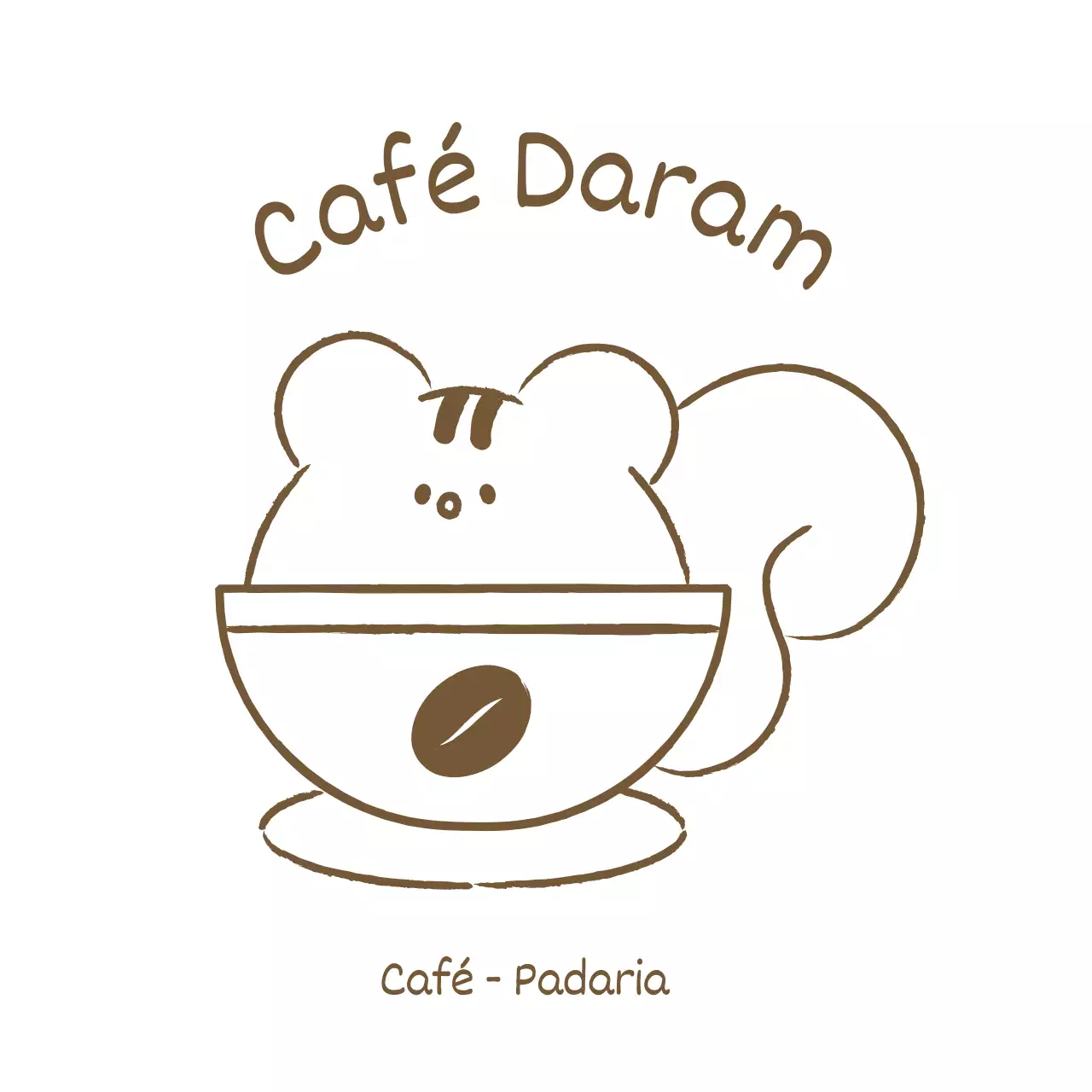 Mercadoria de café com uma ilustração simples e engraçada de um esquilo em castanho.