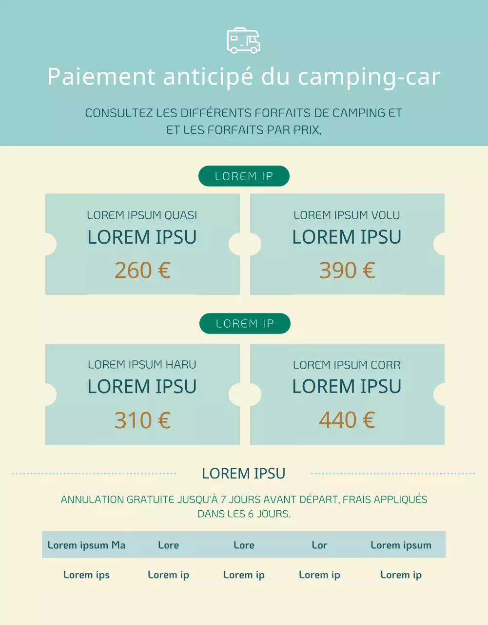 Guide d'un service simple de location de camping-cars en jaune et menthe