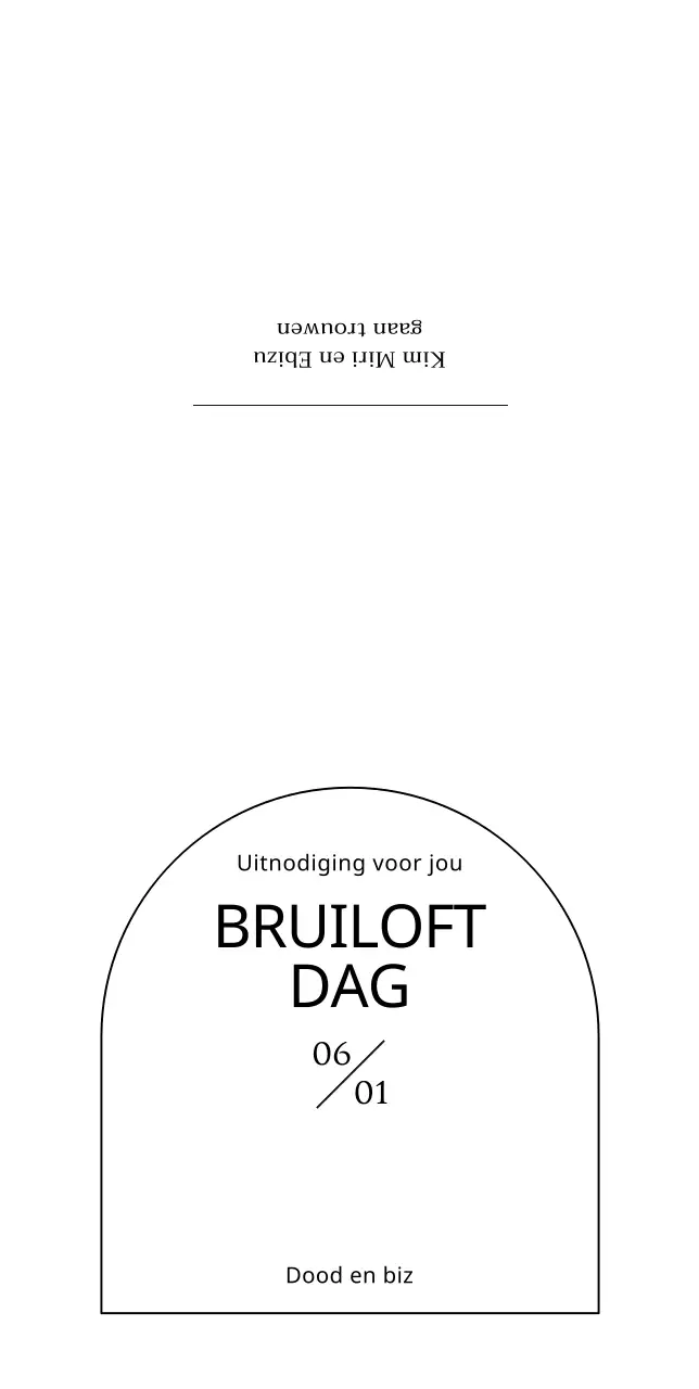 Huwelijksuitnodiging in de vorm van een halve cirkel op een wit-zwarte ondergrond