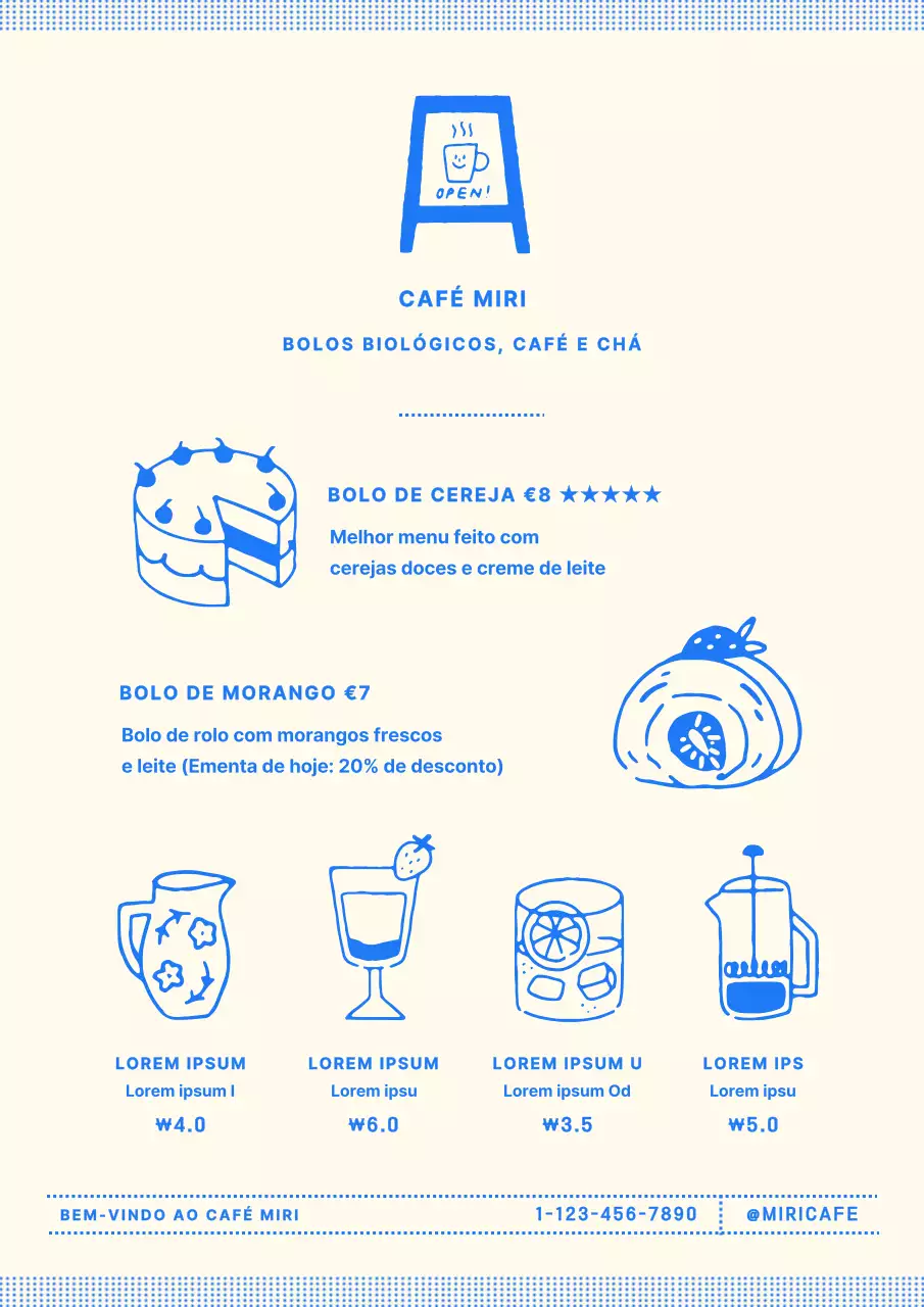 Menu de padaria-café em bege e azul