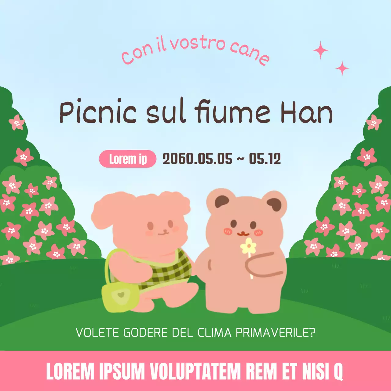 Concetto primaverile di rosa e verde per il design del mangime da picnic del fiume Han
