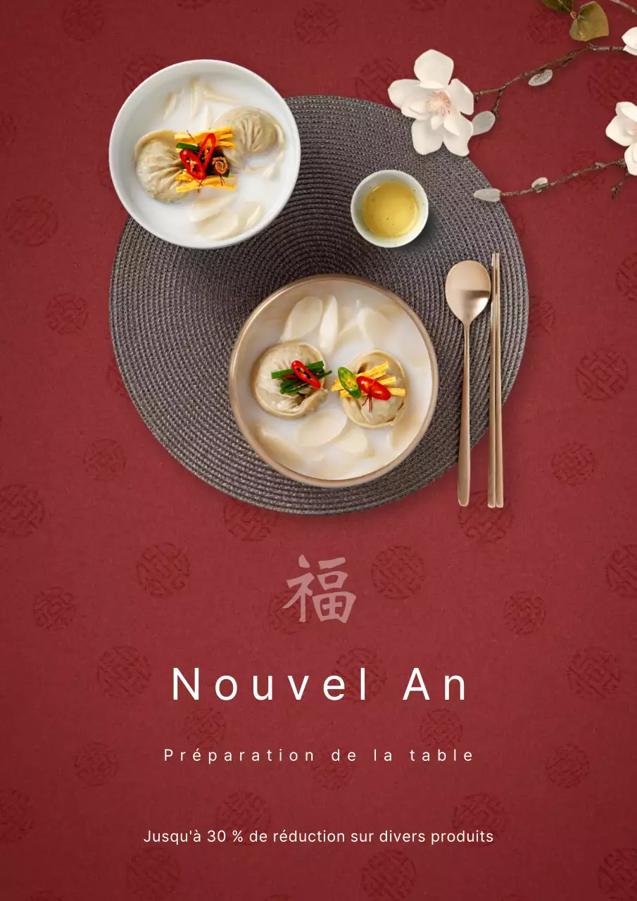 Affiche traditionnelle de remise du Nouvel An sur fond rouge