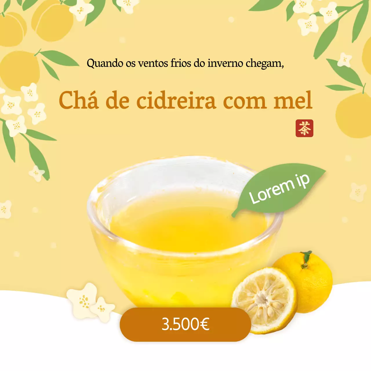 Bebida de chá Yuzu social com fundo de ilustração de flores amarelas
