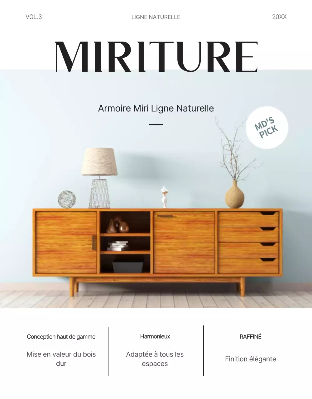 Concept de magazine en blanc et bleu clair pour promouvoir les meubles en bois massif