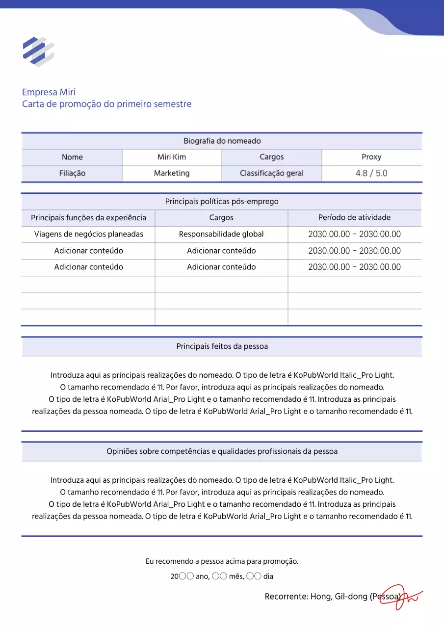Formatar uma carta de recomendação de promoção no BlueCollar