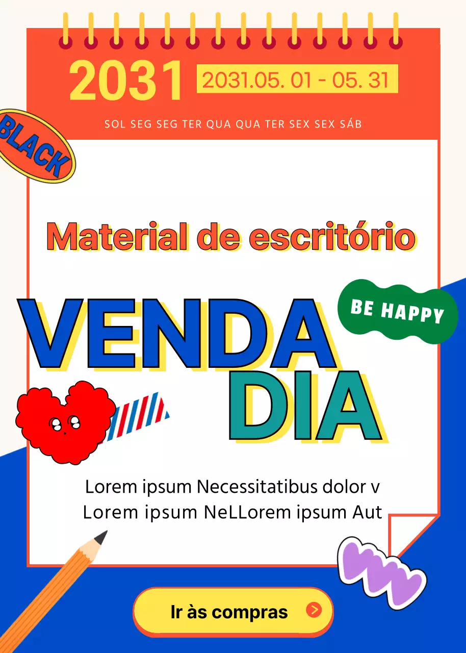 Venda de material de escritório colorido para o Dia do Trabalhador em laranja e azul