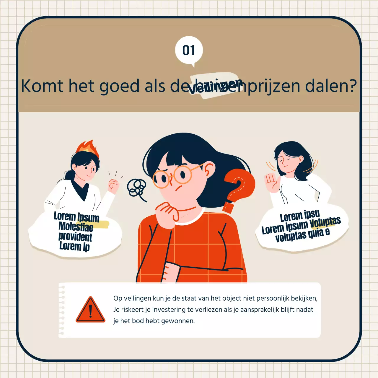 Vastgoedveiling thema met beige strakke illustraties en frame combinaties