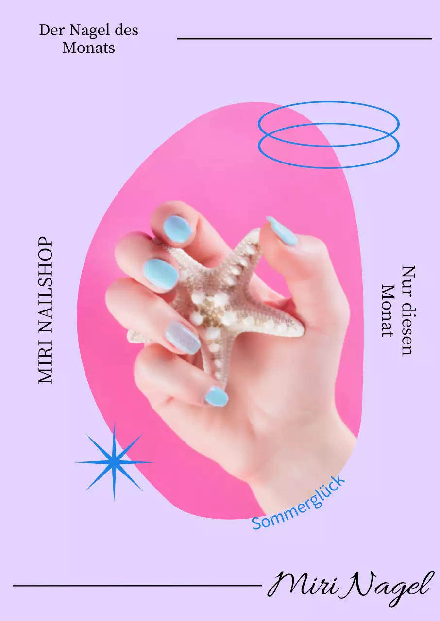 Nagel des Monats Poster mit blauen Formen auf lila Hintergrund