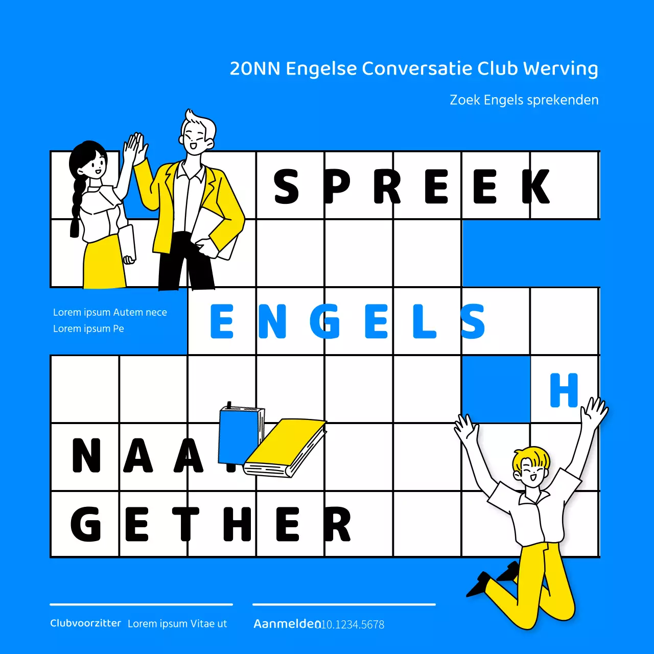 Wervingsontwerp Engelse conversatieclub met lijnillustratie en blauw kleurenschema