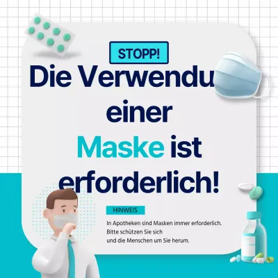 Apothekenankündigung mit 3D-Grafik des Tragens einer mintfarbenen Maske