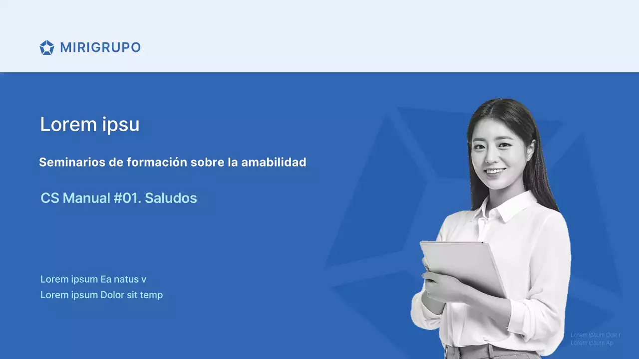 Seminario de formación sobre amabilidad para el personal de las tiendas del Grupo Miri en azul y gris Manual CS Etiqueta de saludo
