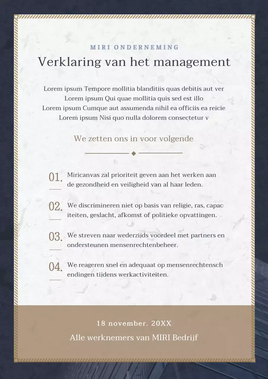 Een marineblauw en bruin bedrijfsmanifest