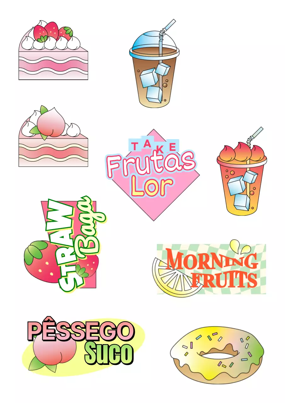 Autocolante promocional de café retro com texto colorido e ilustração de um bolo