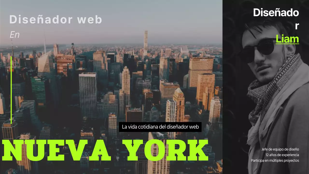 El día a día de un diseñador web en Nueva York con un diseño sencillo y toques verde lima