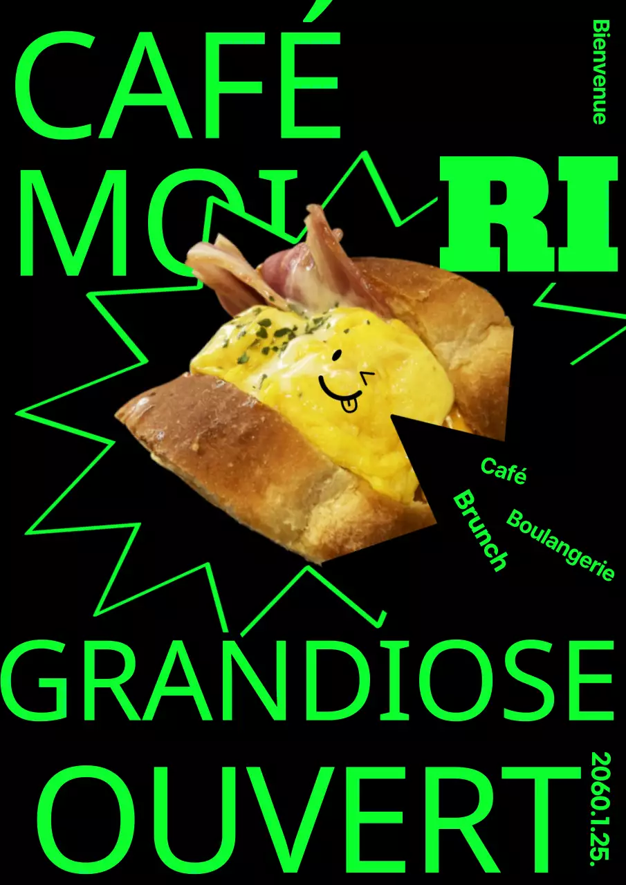 Ouverture d'une boulangerie-café branchée en noir et vert fluo (web poster vertical)