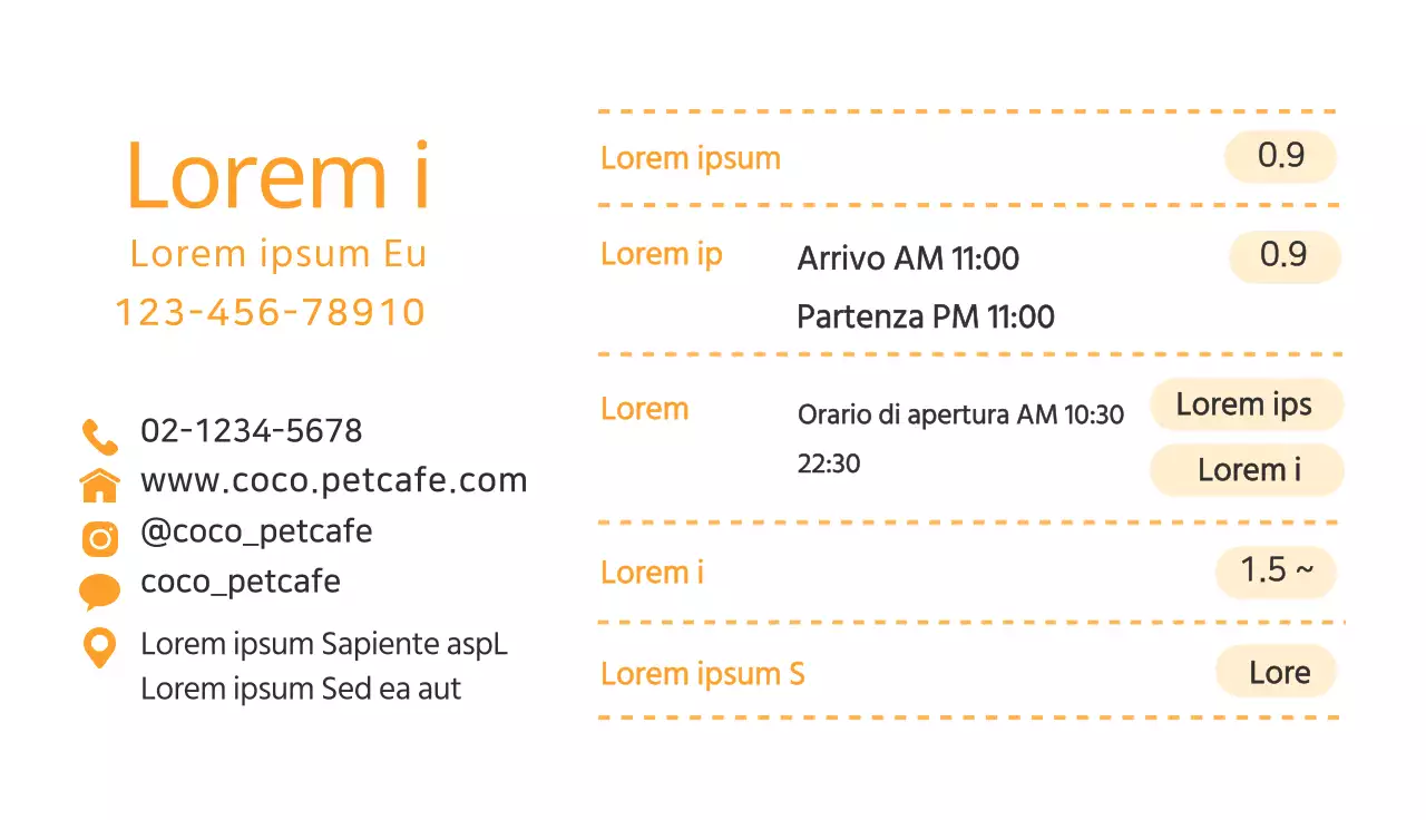 Carino biglietto da visita di un pet cafè con illustrazione di un cane giallo