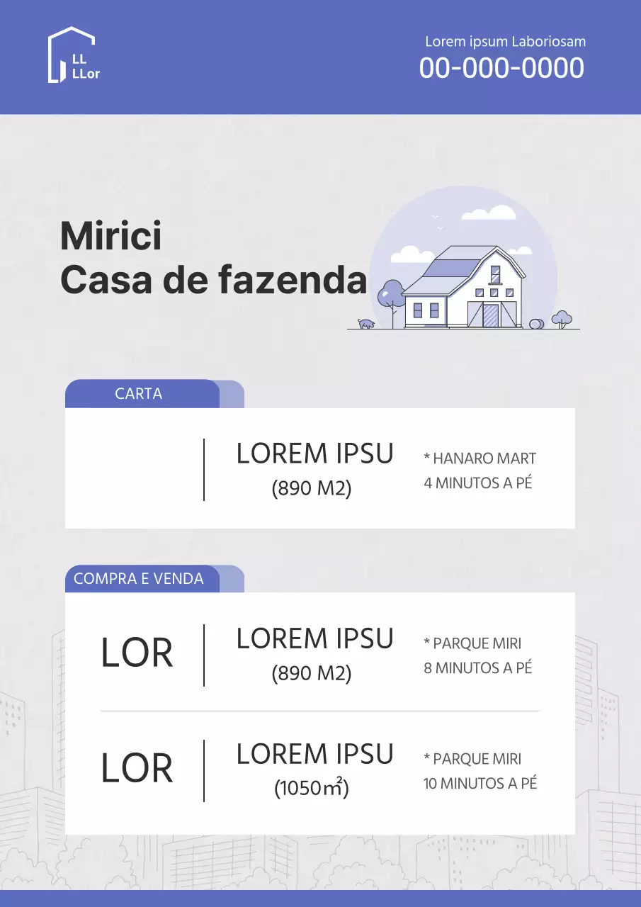 Ilustração simples em tons de azul para um documento de listagem de transacções imobiliárias.