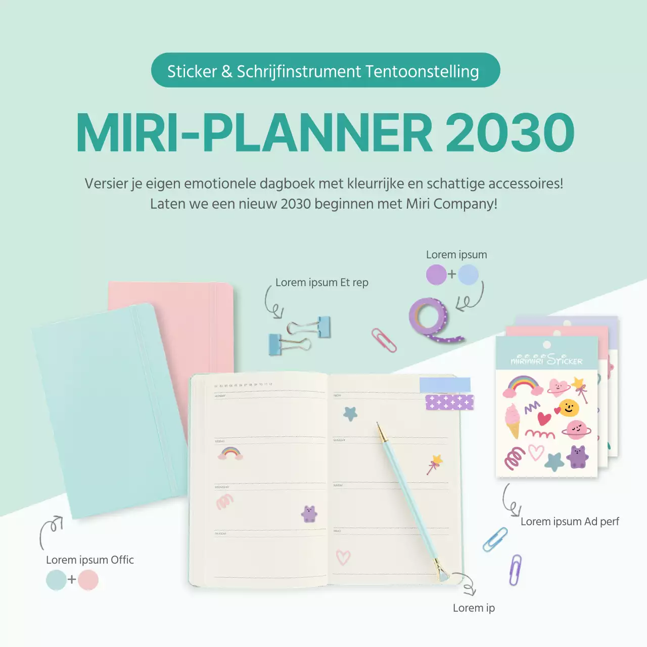 Een tentoonstelling van mintkleurige dagboeken en schrijfinstrumenten