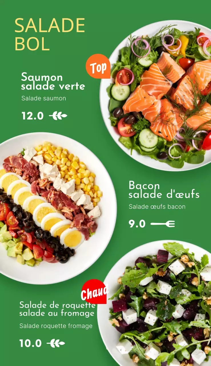Signalisation d'un menu de salade fraîche avec un texte et un logo liés au menu dans un saladier orange vert jaune
