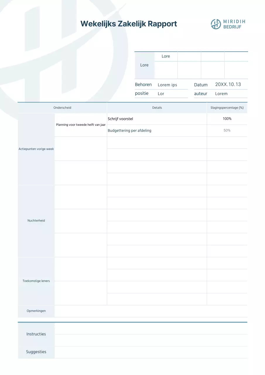 Eenvoudig formulier voor bedrijfsdocumenten Wekelijks werkrapport