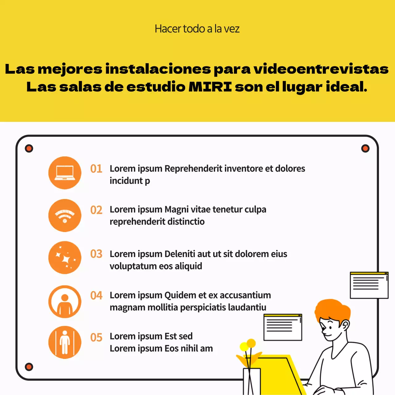 Anunciar y reservar salas de estudio amarillas y blancas para entrevistas cara a cara