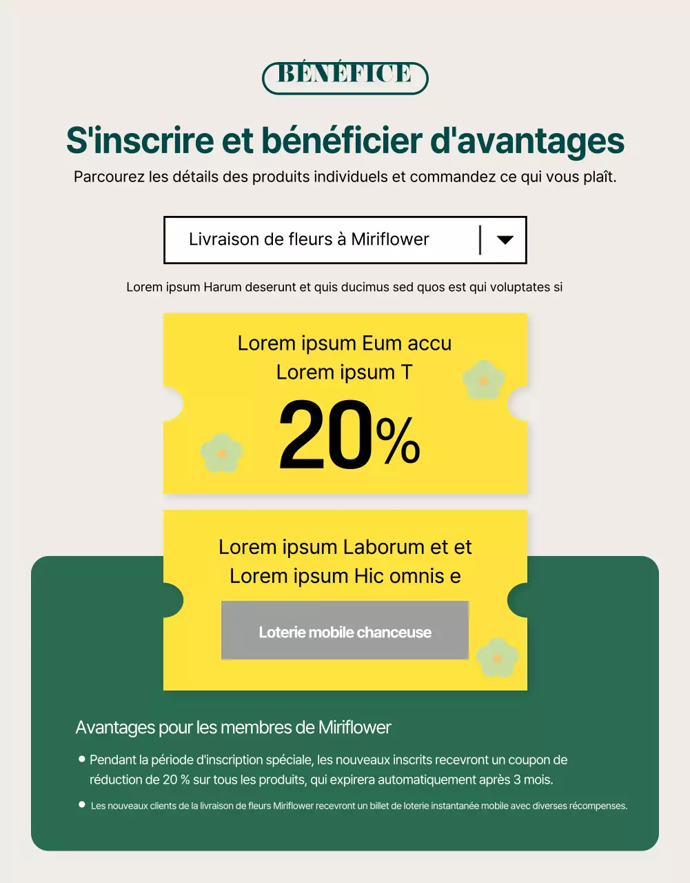 Présentation du service classique de livraison de fleurs vertes et jaunes