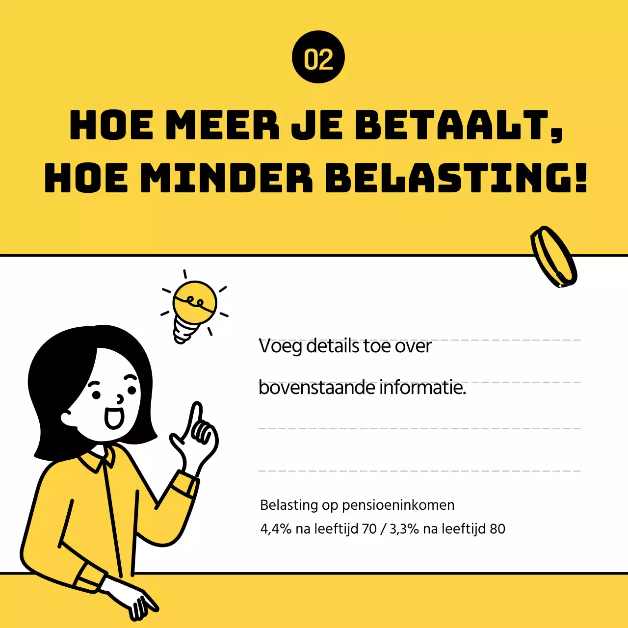 Duidelijke, gele illustraties benadrukken tips voor belastingbesparing voor gepensioneerden