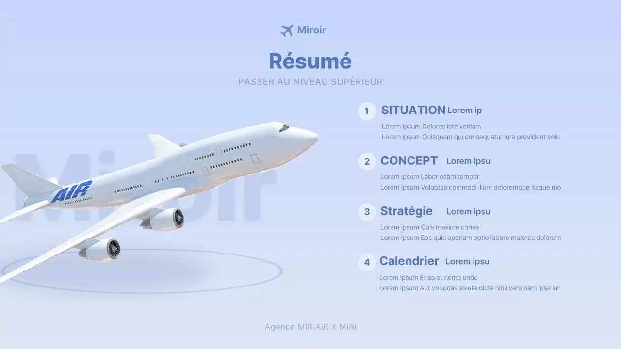 Concept d'avion tridimensionnel bleu clair pour la publicité d'une compagnie aérienne