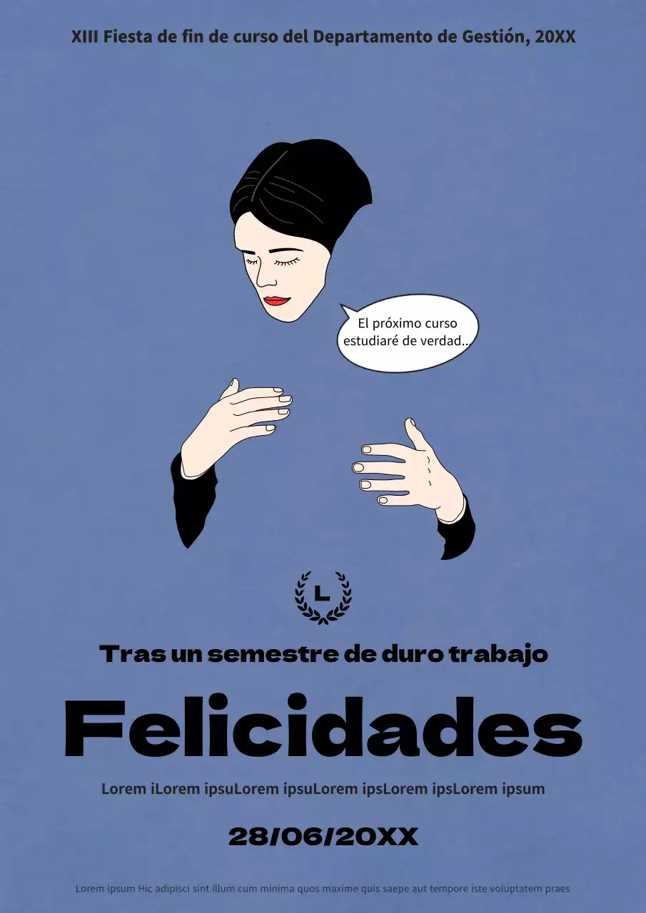 Una emotiva ilustración en azul marino para promocionar una fiesta universitaria de fin de curso.