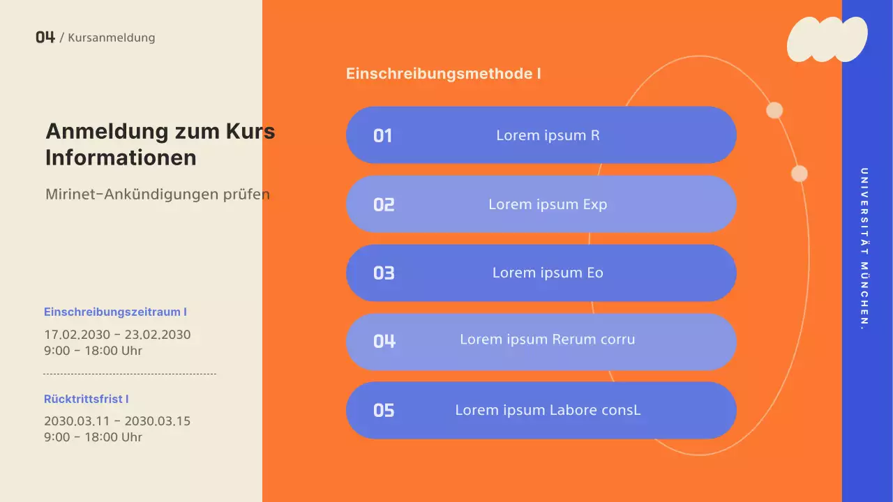 Eine Orientierungspräsentation mit trendigem Design, akzentuiert mit kräftigen Farben.