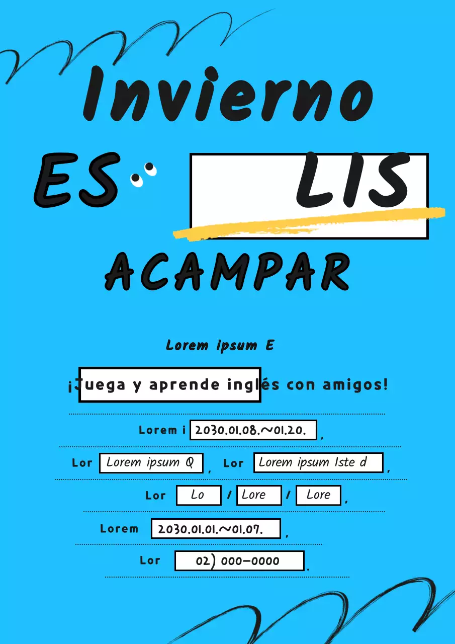 Información primaria del campamento en inglés con fondo azul claro y formato "rellenar los espacios en blanco" (webposter vertical)