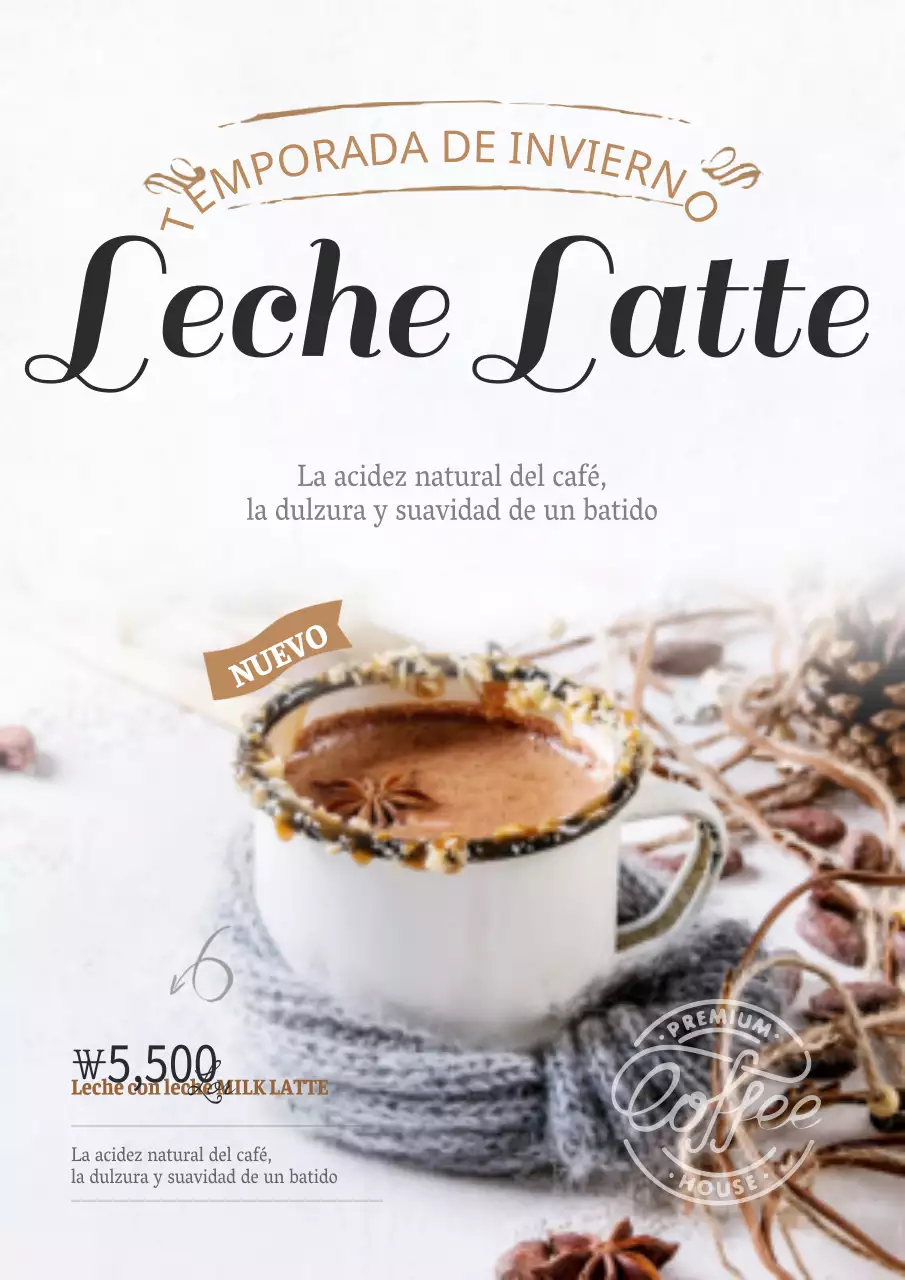 Menú fotográfico de café con leche caliente en blanco