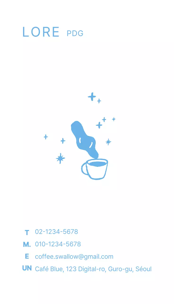 Carte de visite pour un café, illustration de café bleu clair dessinée à la main