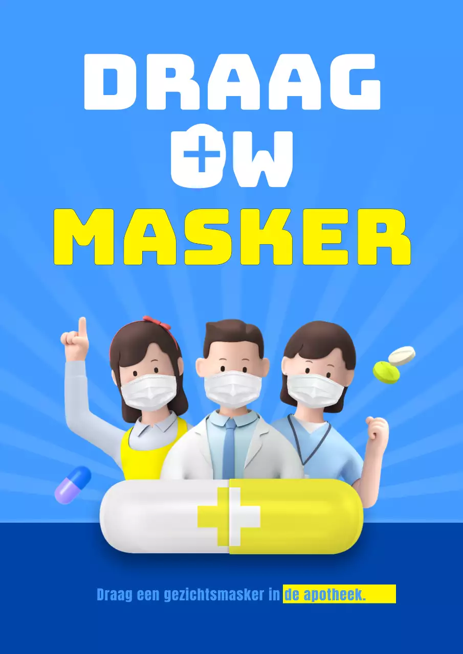 Aanbeveling om een masker te dragen in apotheken met blauw geel schattig 3D illustratie concept