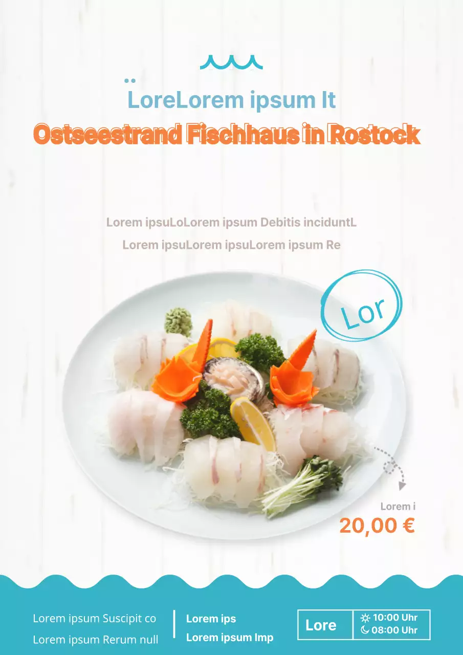 Eröffnungsveranstaltung für ein Sashimi-Restaurant mit blauen und orangefarbenen Sashimi-Fotos