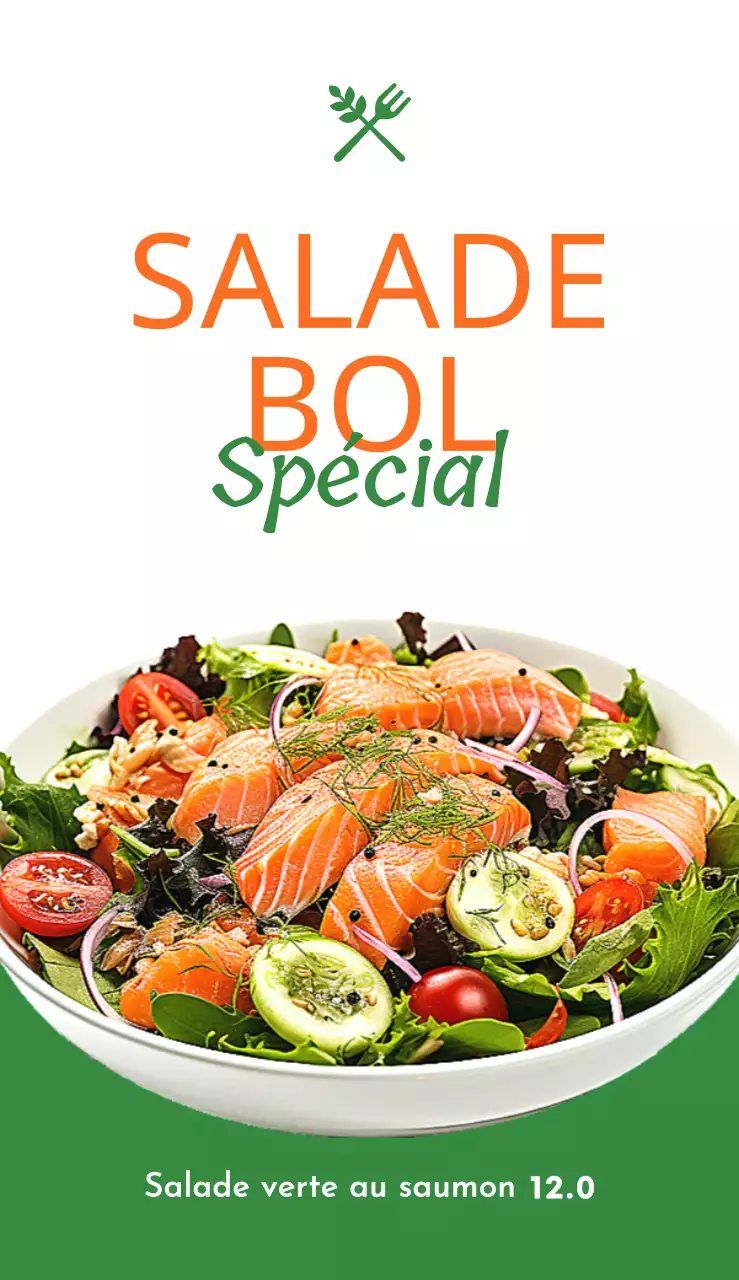Signalisation d'un menu de salade fraîche avec un texte et un logo liés au menu dans un saladier orange vert jaune