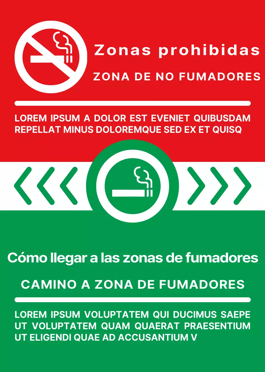 Combinación sencilla y limpia de icono de cigarrillo y texto en verde y rojo Estilo de diseño Direcciones