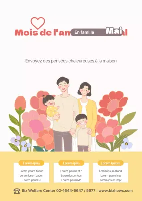 Un joli guide conceptuel d'anniversaire de famille pour le mois de mai, avec des fleurs jaunes et roses et des illustrations de familles.