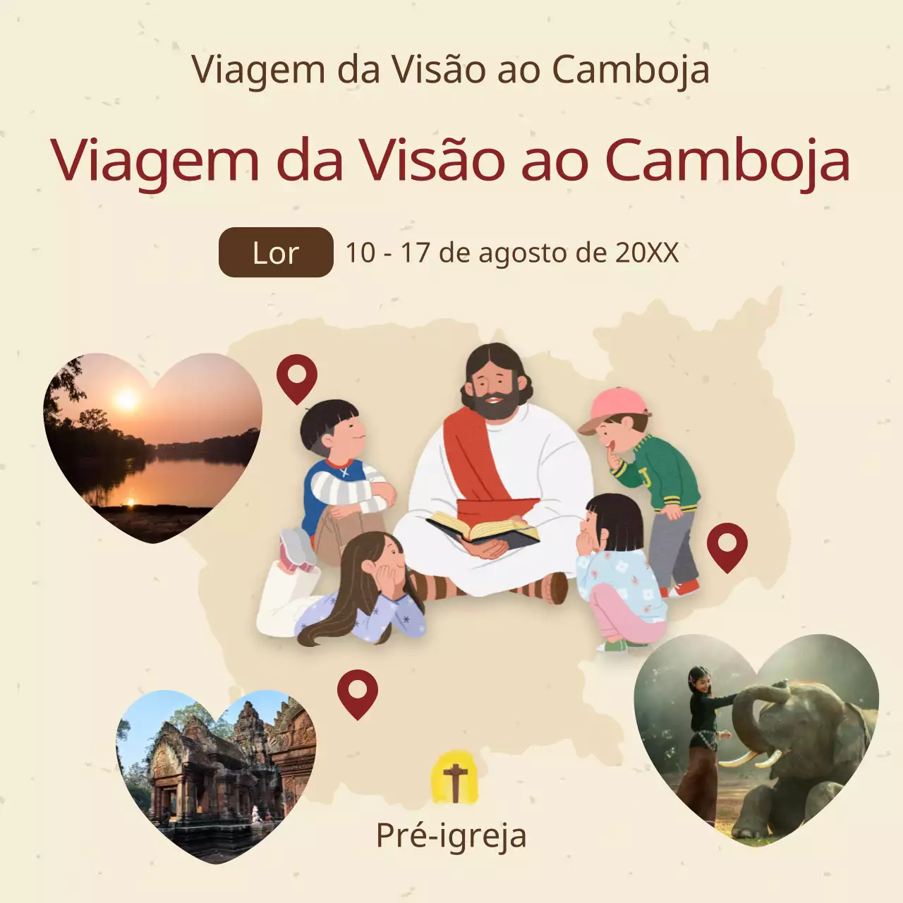 Uma viagem de missão calorosa e acolhedora com ilustrações de Jesus e crianças sobre um fundo bege