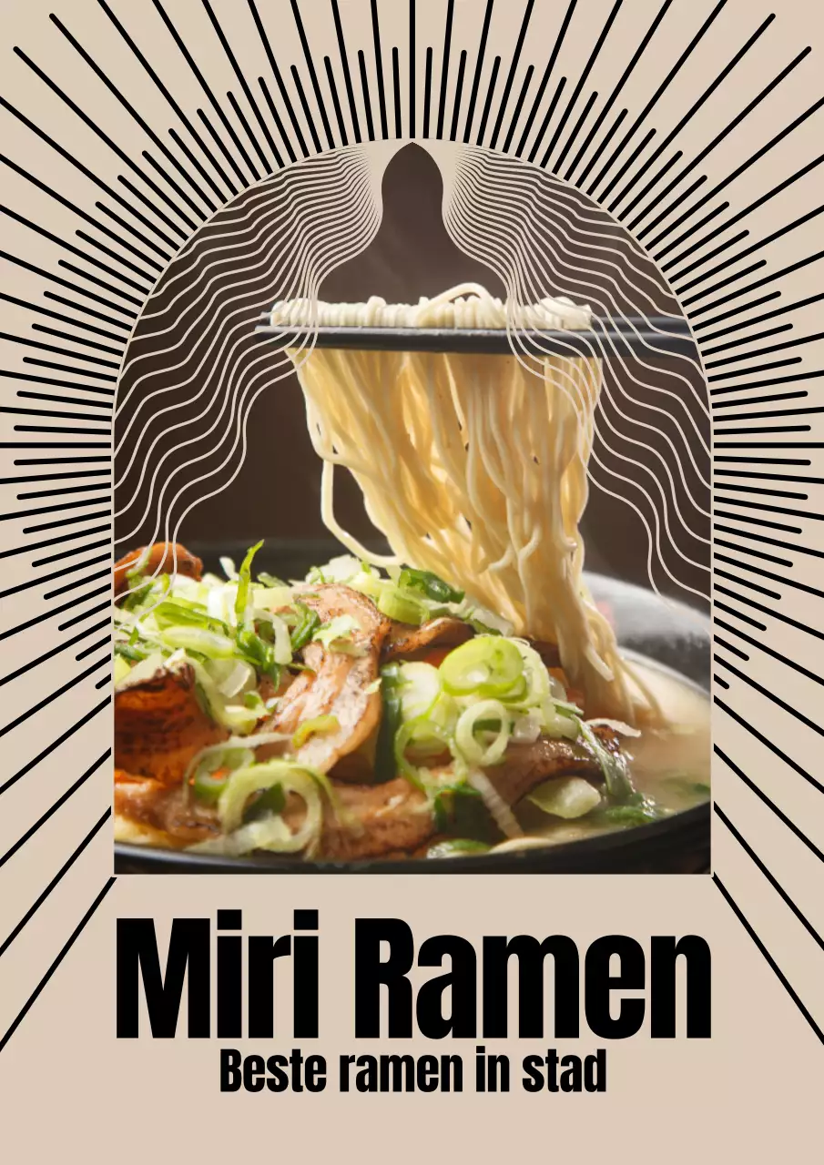 Ramen restaurant poster met oosterse patronen in beige en zwart